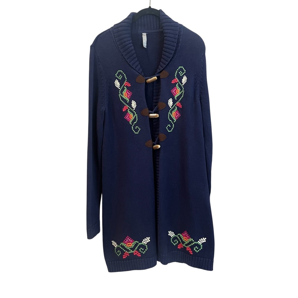Hanna Andersson Blue Cotton long Line Cardigan Sweater Embroidered Toggle Size L